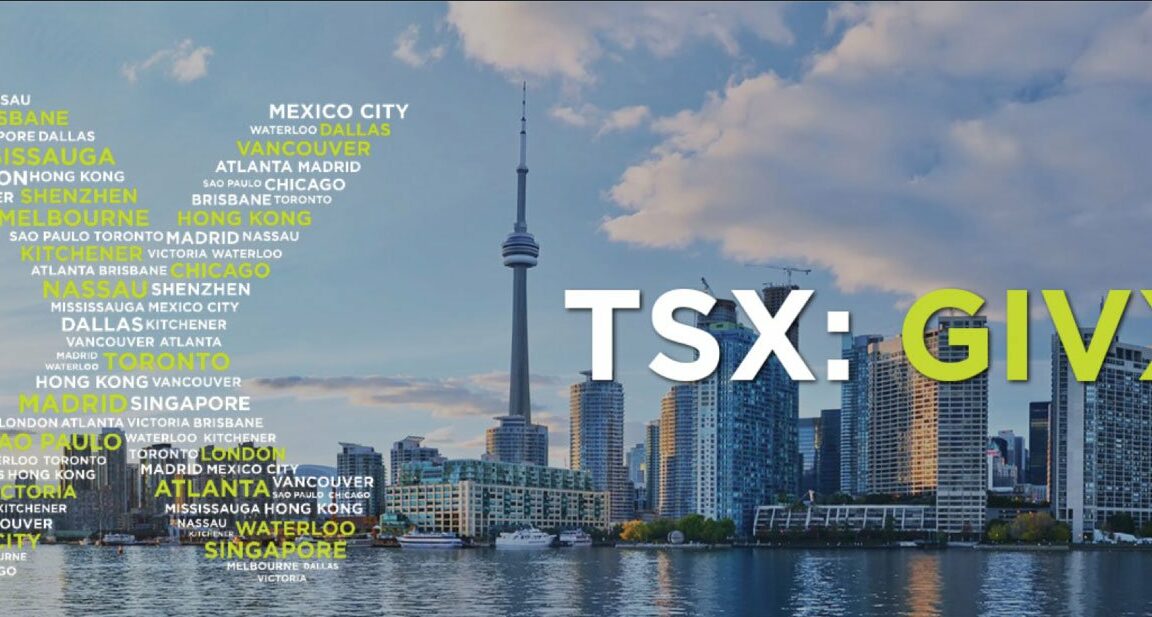 Toronto skyline image with Givex Toronto Stock Exchange ticker symbol of GIVX